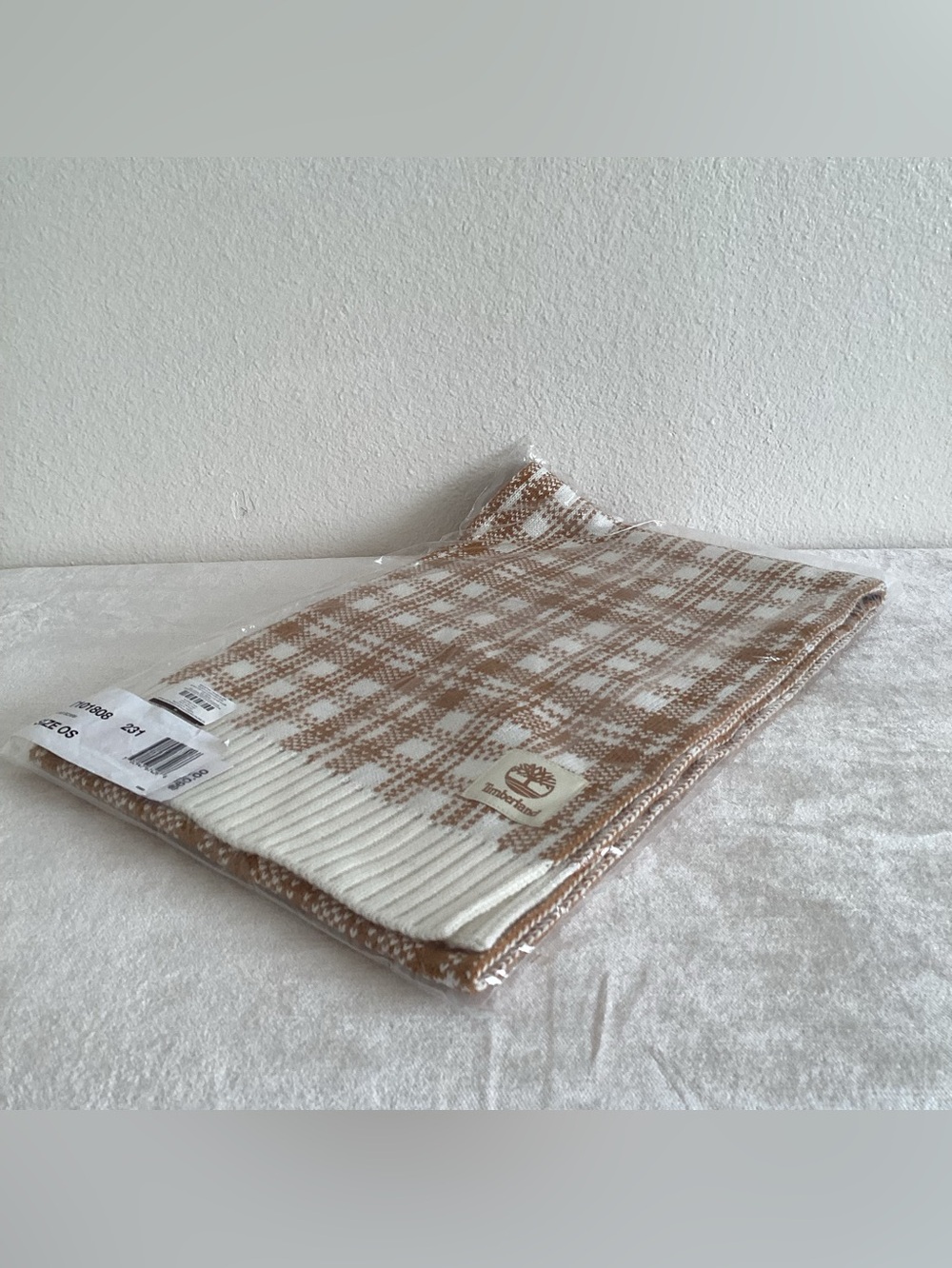 Timberland Cream and Brown Plaid Knit Scarf